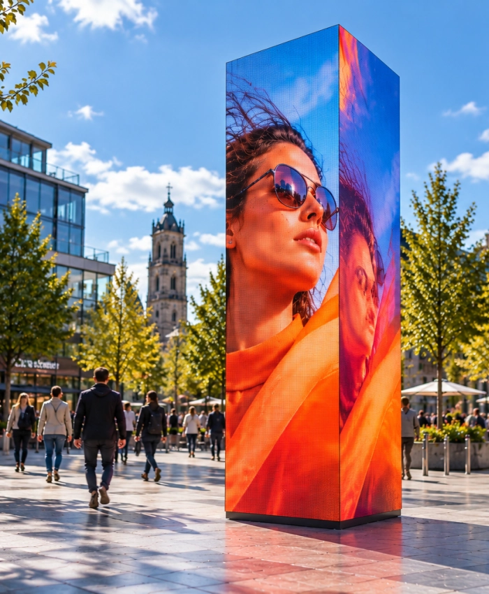 Levendig plein met kleurrijke reclamezuil