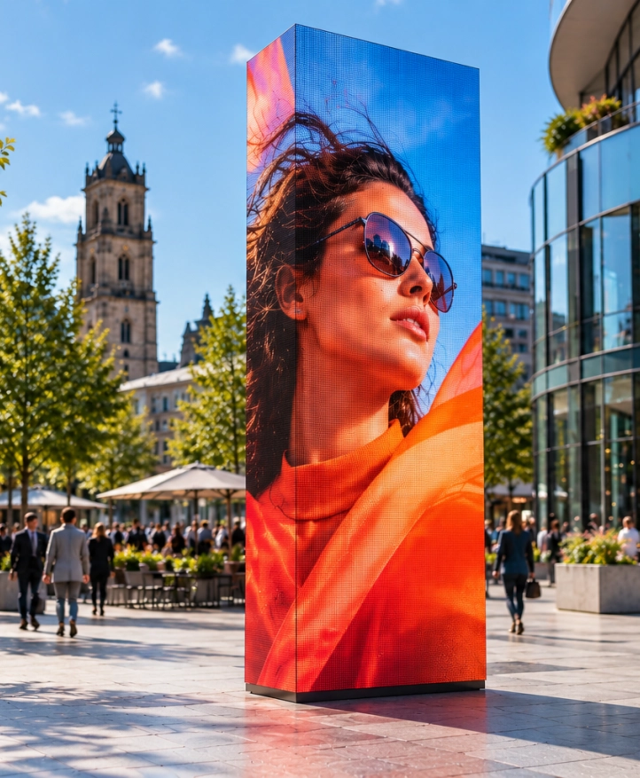 Zonnig stadsplein met LED billboard